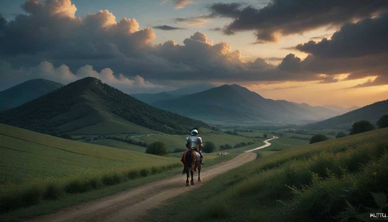 8k Ultra HD photo. A female knight in white armor on a white horse holds her sword high in the field under a cloudy sky in the dark evening. The horse raises its front legs high. Behind the female knight, numerous soldiers can be seen. Full body shot of the female knight with her helmet removed.