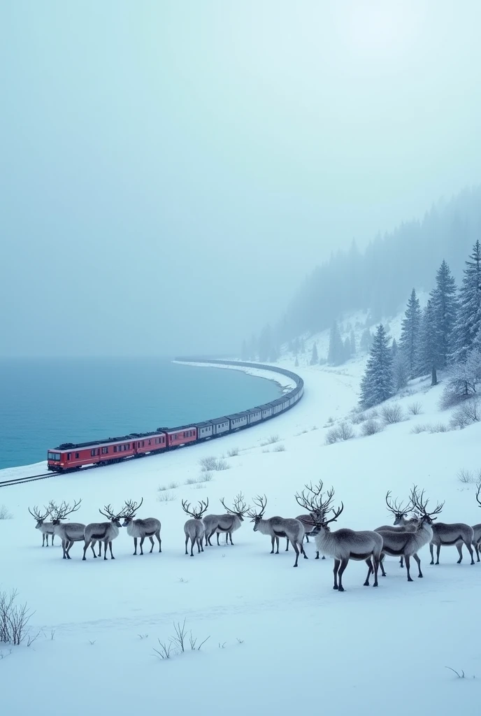 train in snowy plain and huge blue lake fog.and a lot of 30 reindeers and dont without mountains