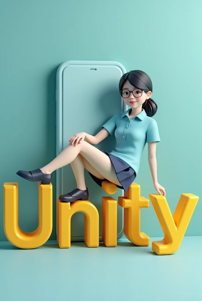 A girl sitting on his school name which is unity and the name is in 3D form. The color of the girl uniform is sea blue as the top and blue black as the down. And also make the text yellow and the background a nice gradient of blue. Make both text and human big and also place a big mobile phone at their back. Lastly make the boy face front and on of her leg swing down. Please make her a university guy and the Name Unity. Make the mobile phone big and long and change his face to adult. Her uniform has to me buttons and down should be a short. Make Her top a shirt form and make the unity long. Finally make the her a 3d character 