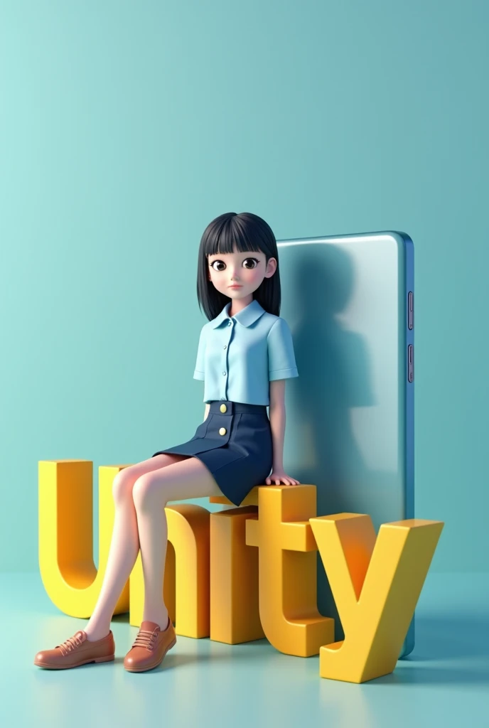 A girl sitting on his school name which is unity and the name is in 3D form. The color of the girl uniform is sea blue as the top and blue black as the down. And also make the text yellow and the background a nice gradient of blue. Make both text and human big and also place a big mobile phone at their back. Lastly make the boy face front and on of her leg swing down. Please make her a university guy and the Name Unity. Make the mobile phone big and long and change his face to adult. Her uniform has to me buttons and down should be a short. Make Her top a shirt form and make the unity long. Finally make the her a 3d character