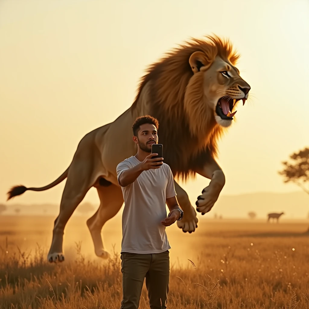 A photorealistic image captures a fit young man taking a selfie in the middle of the savanna. He’s standing confidently, holding his smartphone up with a broad, carefree smile on his face. Behind him, the vast expanse of the savanna stretches out, with golden grasses swaying in the warm breeze and a few distant trees dotting the horizon.
However, in a shocking and intense twist, a massive lion is in mid-leap just behind him, its powerful body fully extended, jaws open wide in a fearsome roar, and claws outstretched, ready to strike. The young man, completely unaware of the imminent danger, is focused on his phone, capturing the breathtaking yet perilous moment.
The sunlight casts a warm glow over the scene, with the savanna's earthy tones contrasted by the young man's casual, modern attire. The lion’s fierce expression and dynamic movement create a stark, heart-pounding contrast to the otherwise serene and picturesque setting. The overall image is a dramatic blend of calm and chaos, capturing a moment of unexpected peril in the wild.