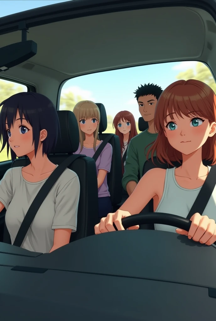 Five people in a car two of them are girls. Sarcastic image 
