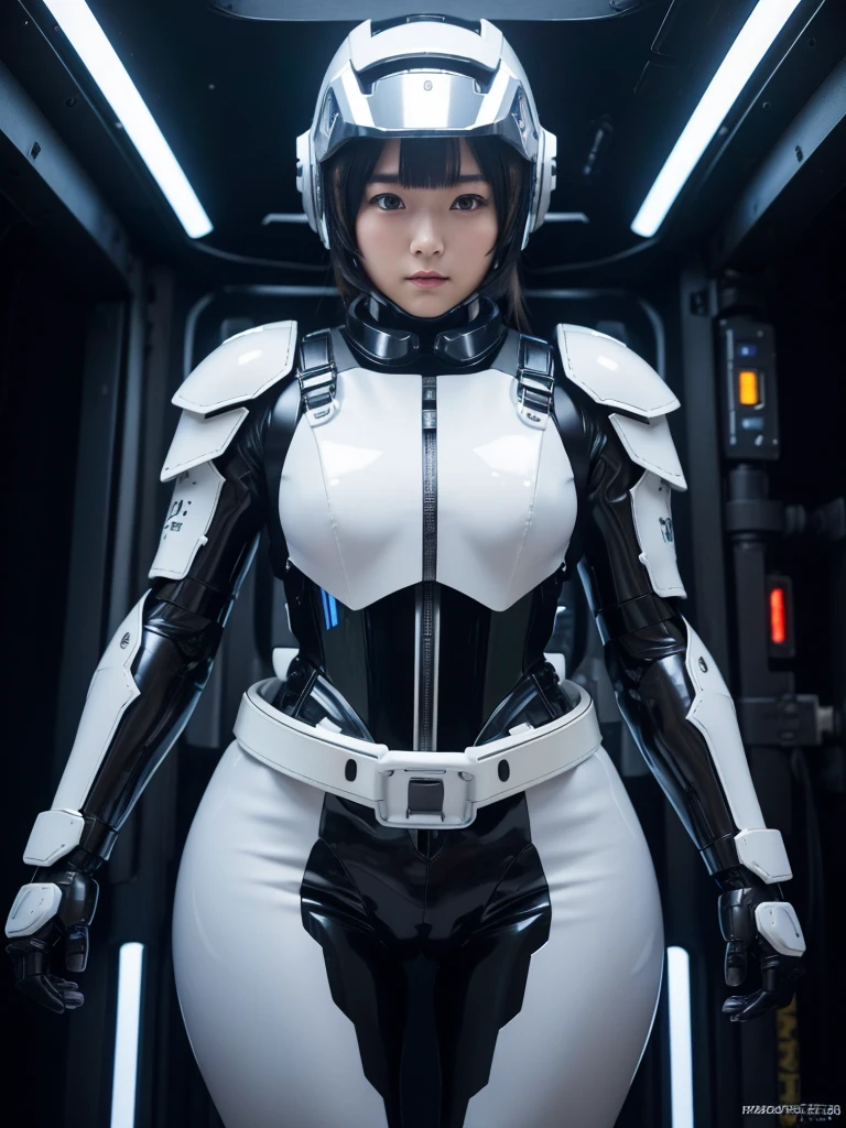 masterpiece, Highest quality, Very detailed, Japanese Android girl, Beautiful 2 Japanese woman, Plump,Slightly thicker,Control panel,Android,cyborg,Blunt bangs,Piloting in the cockpit,Black and silver robot suit,Thick harness belt,Full-face helmet