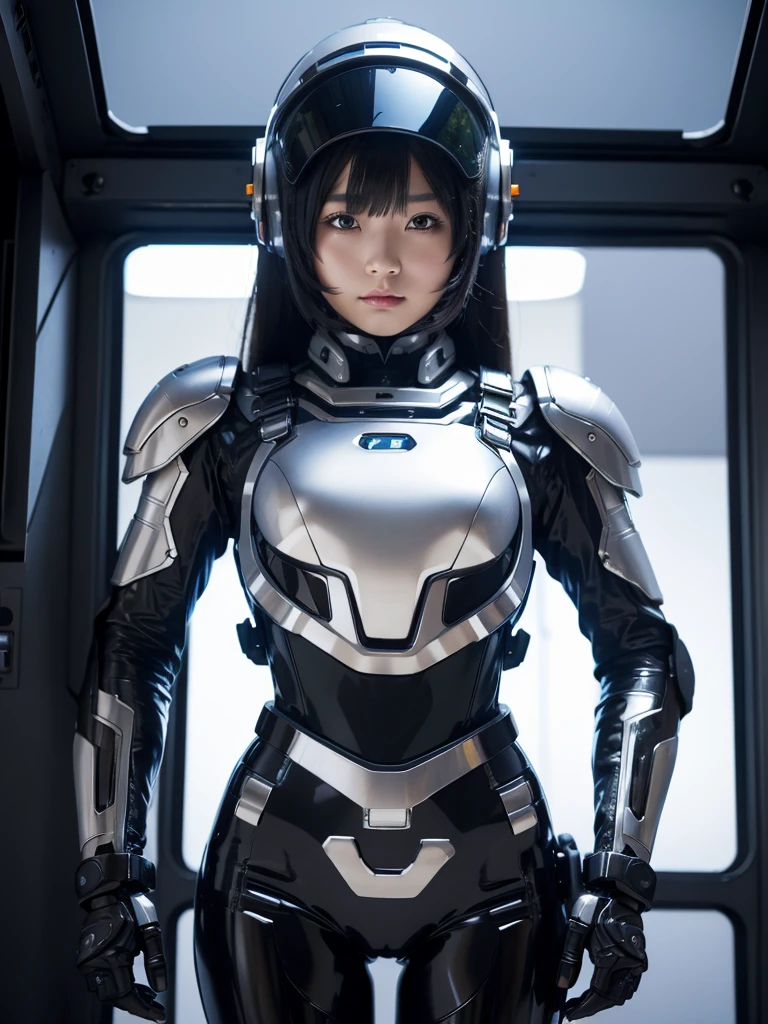 masterpiece, Highest quality, Very detailed, Japanese Android girl, Beautiful 2 Japanese woman, Plump,Slightly thicker,Control panel,Android,cyborg,Blunt bangs,Piloting in the cockpit,Black and silver robot suit,Thick harness belt,Full-face helmet