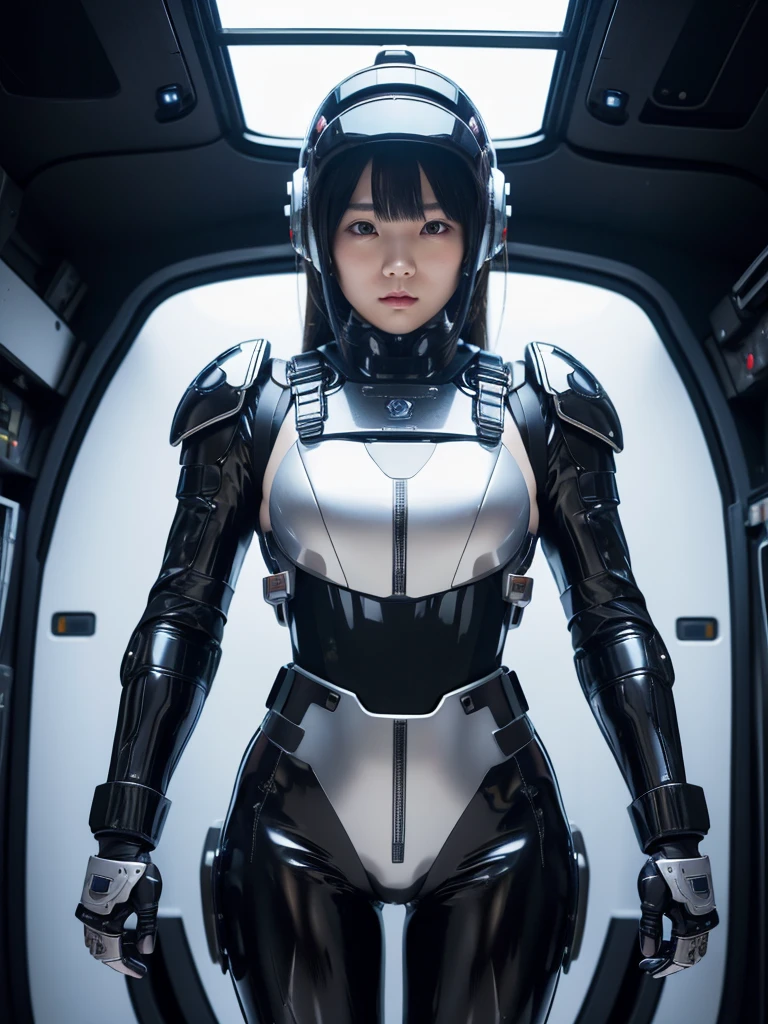 masterpiece, Highest quality, Very detailed, Japanese Android girl, Beautiful 2 Japanese woman, Plump,Slightly thicker,Control panel,Android,cyborg,Blunt bangs,Piloting in the cockpit,Black and silver robot suit,Thick harness belt,Full-face helmet