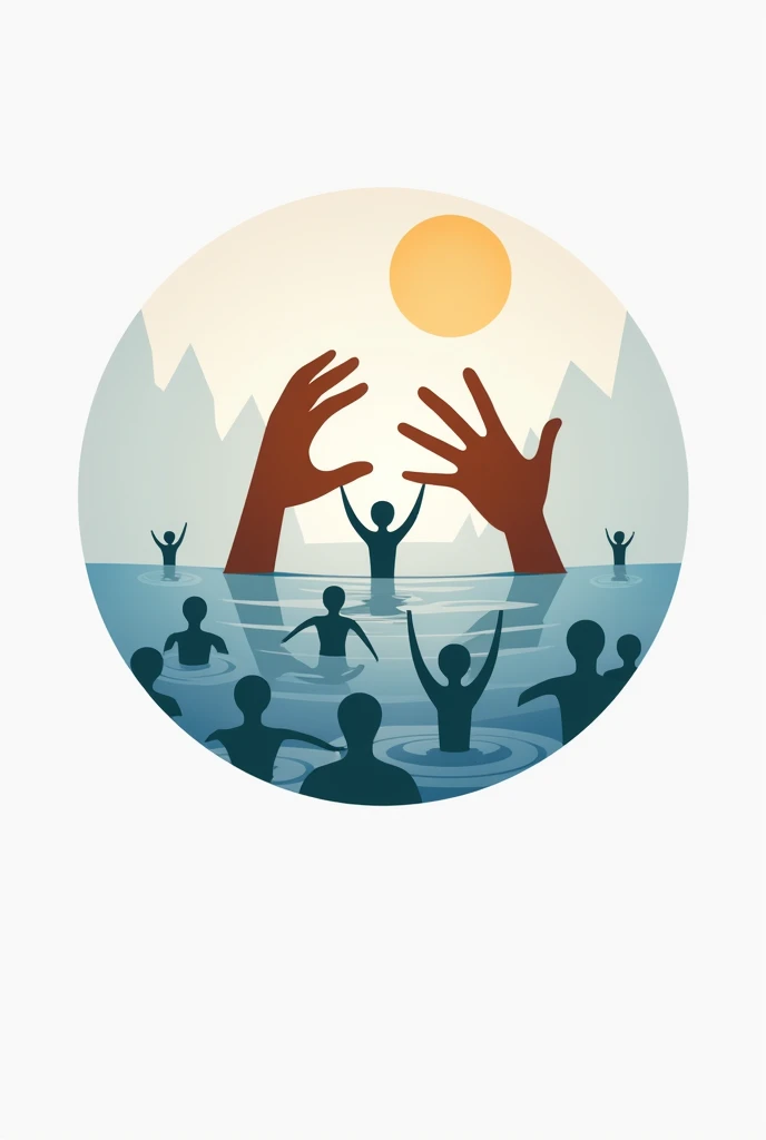 Design a logo that portrays the sorrow and struggles of flood-affected people while highlighting a foundation providing aid and relief. The logo should feature elements such as hands reaching out to help, water symbolizing the flood, and people in distress being supported. Use a combination of soft blues and grays to represent the flood, with warm colors for the foundation's assistance, creating a balance of empathy and hope. The design should be simple, yet powerful, focusing on the theme of relief and care