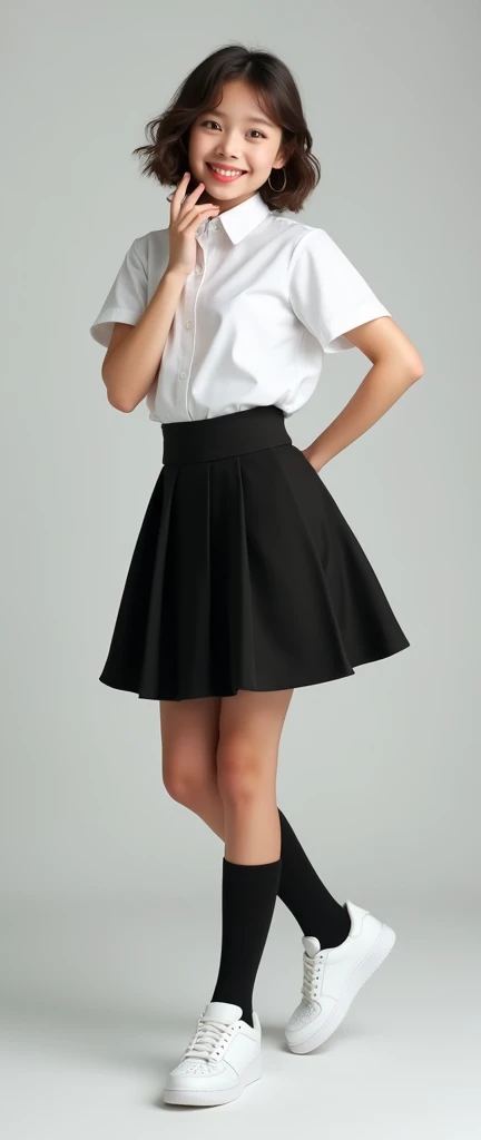 Best quality, masterpiece, ultra high resolution (photorealistic: 1.4), raw photo, 1 girl, European, cute and adorable girl, teenage girl, (school uniform, white shirt, black skirt), ((black socks)), white air force sneakers, in a photo studio, full body view, funny pose