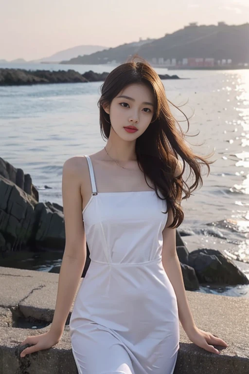 1 Girl,seaside,Soft Light,Chinese Beauty,Suspender dress