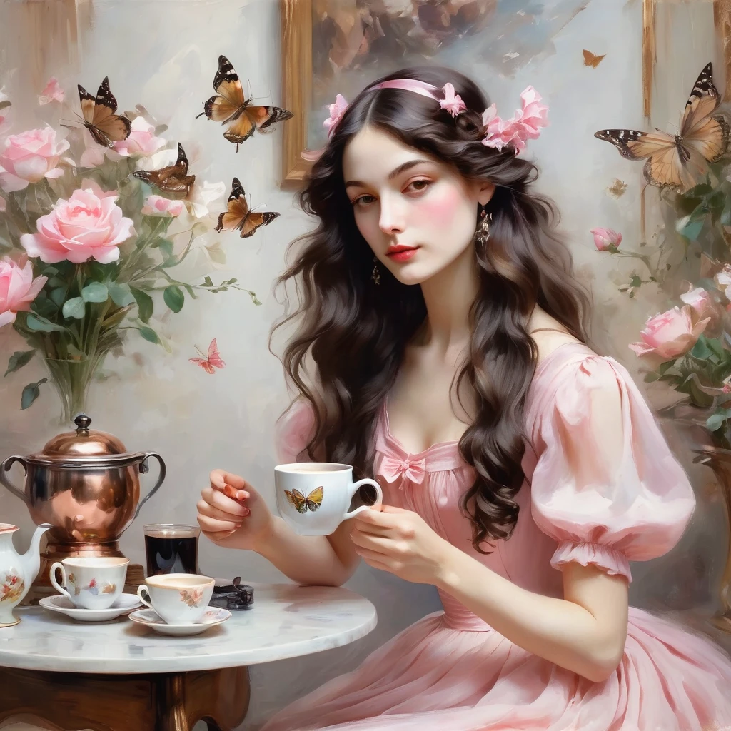 ,Girl with dark long wavy hair, brews coffee in a copper cezve, She is wearing a pink chiffon dress with butterflies, the style of the artist John Singer Sargent,