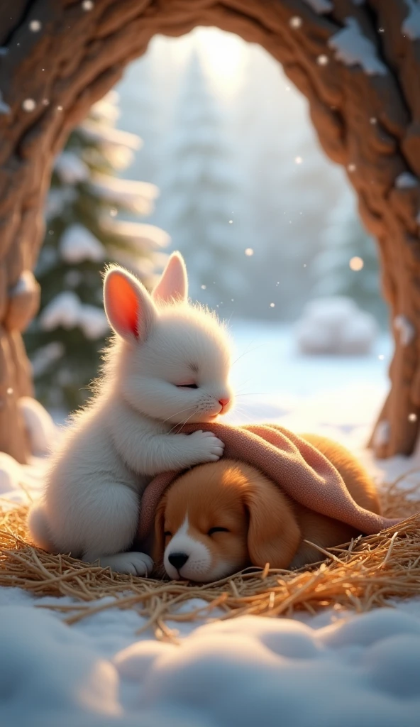 There is snow all around and snow is falling as well. There is a Christmas tree behind. The background must be clear. There is a small white coloured rabbit baby whose ears are small and whose eyes are very beautiful, its hair is like feather. And there is a small dog baby who is smaller than the rabbit and is very innocent and is brown in colour. There is a stone cave which has light in it and inside the cave there is a bed which is on dry grass. The dog is sleeping on the bed. And the rabbit is sitting right next to the dog and is blowing a blanket on the dog and is looking at the dog with loving eyes. The dog is looking very innocent from this side.image in 3d animation