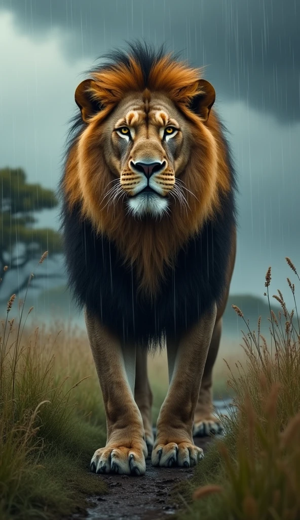 Generate an ultra realistic 8k image of a strong and beautiful lion in the rain during the day