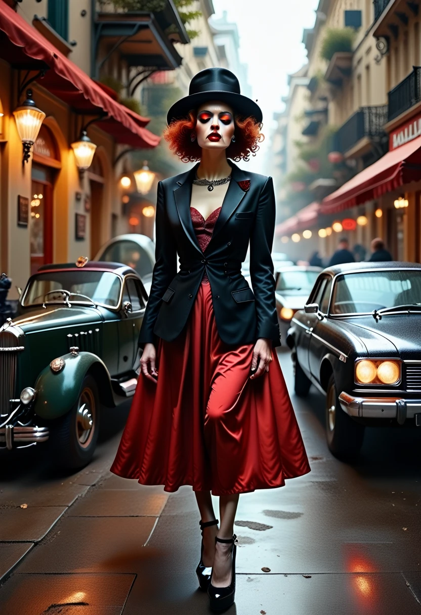 masterpiece, pale skin, Red lips, light eyes, eyeshadow, In the foreground is a beautiful red-haired woman with medium curly hair, standing in the street with a Thompson drum M1928A1., Behind her is a 1928 Cadillac Town Sedan., Left green, she wears a red and black mafia costume., Mafia style skirt and jacket on shoulders., she still wears a hat, garter holder and heels, very detailed body, detailed car and clothes, chiaroscuro, natural daylight, very detailed, she and the machine focused on the image
