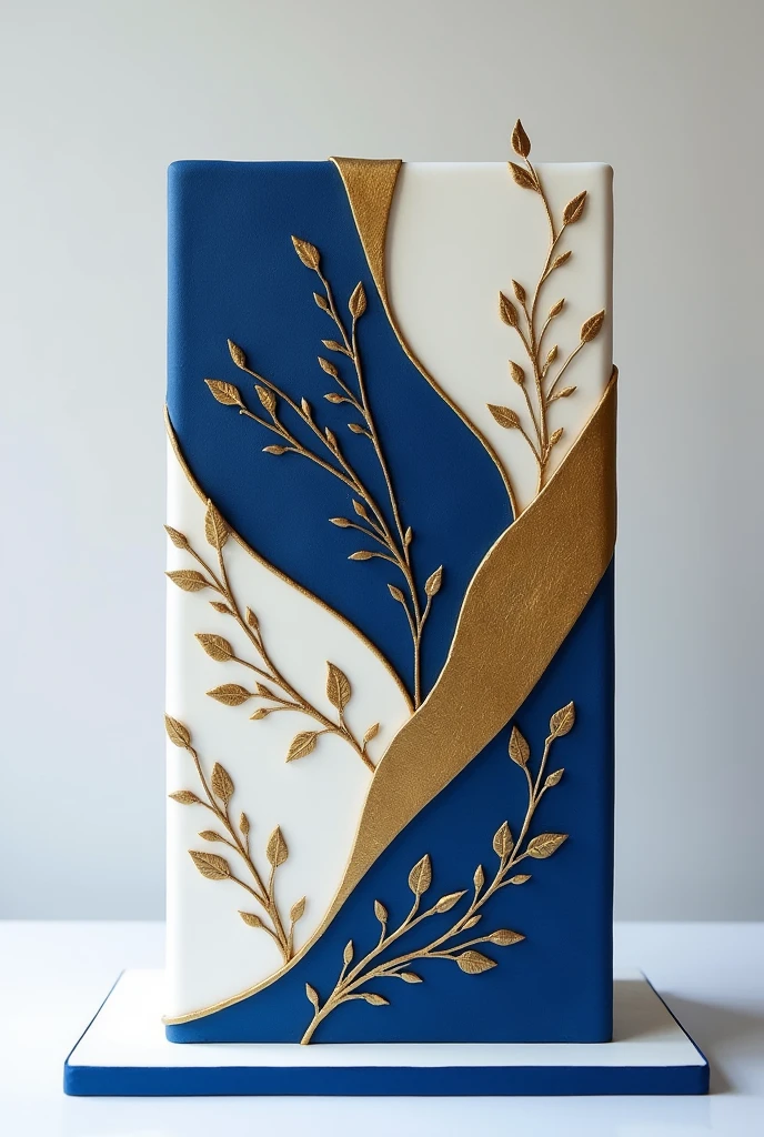 white rectangle cake designed with colour dark blue and gold 
