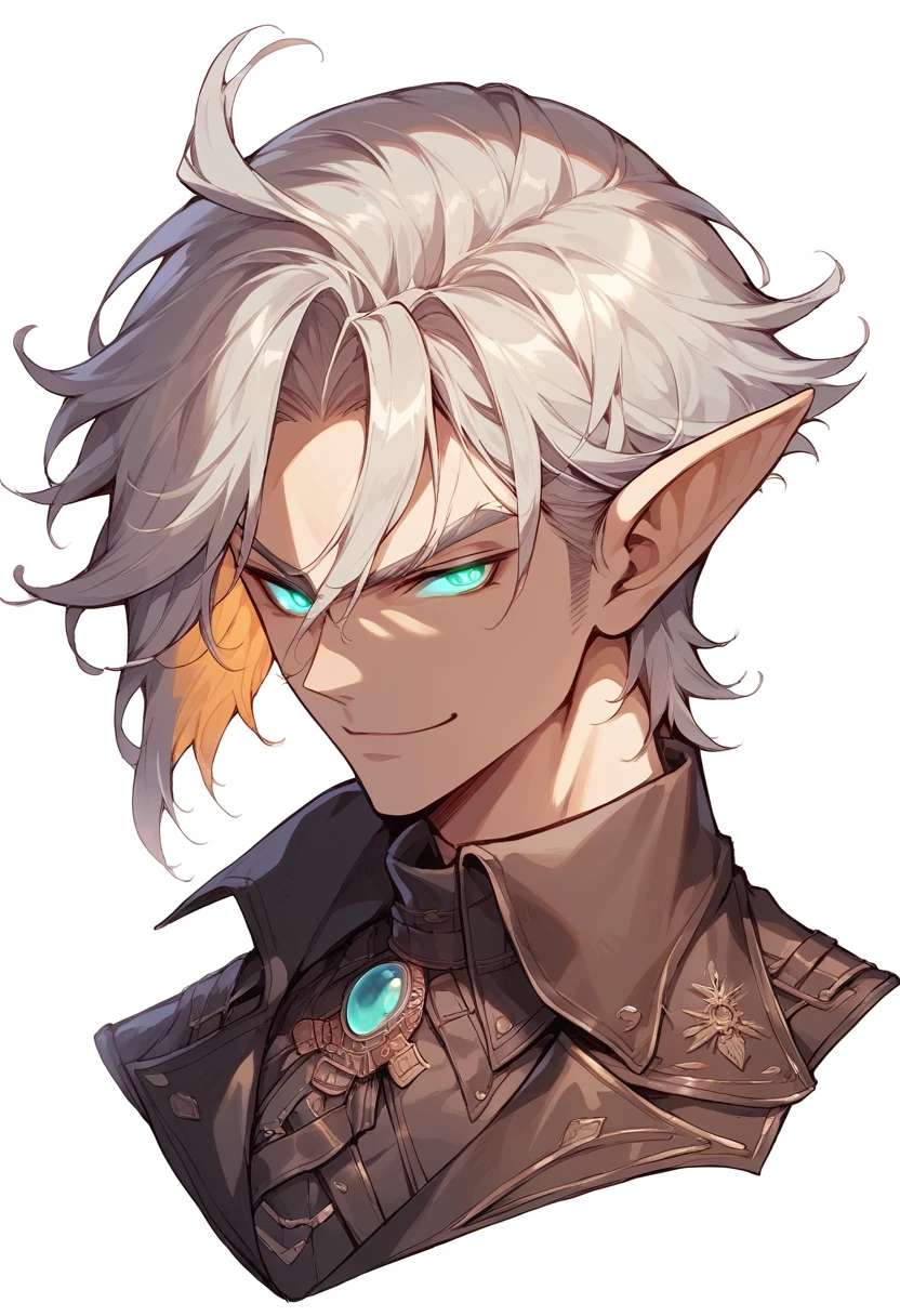 masterpiece, expressive eyes, perfect face, best quality, 1boy, male focus, solo focus, adult, rouge, radiant aqua eyes, sun kissed skin, short hair, cropped hair, clean hair, Copper colored hair, elven, bloodborne, leather, arcana, High elf, glowing eyes, smirking, black gloves, Full body, elf ears
