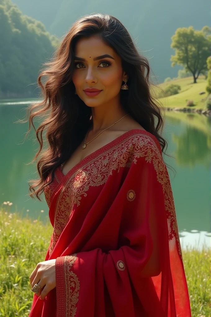 (photorealism:1.2), beautiful Mouni roy
wearing Indian full red saree long curly hair, soft lighting close to the water Lake green valley with a man