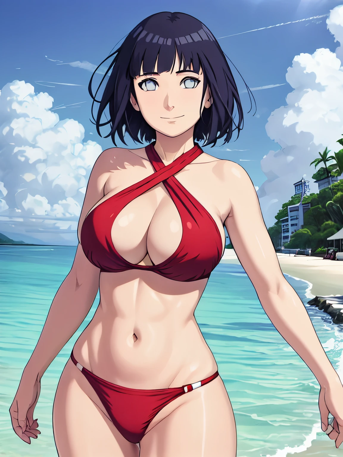 (hinata\(boruto\), (high quality:1.8), upper body:1.5, (curvy body:1.5), (ultra detailed body:1.4), (beach:1.7), (anime, tall woman, cowboy shot, (defined biceps arms:1.2), (water:1.2), ((red thong, bare arms, bare arms, bare shoulders)), (red halter top:1.4), (wide shoulders, off-shoulders), smile), ((big breasts:1.1)) ,(cleavage:1.2), closed mouth), ((pale skin)). ((dark blue:1.3, short hair, hime cut، loose hair, floating hair, floating hair:1.0),
