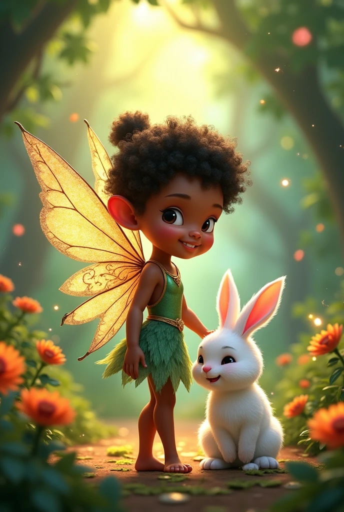 black fairy child with a white rabbit disney cartoon style