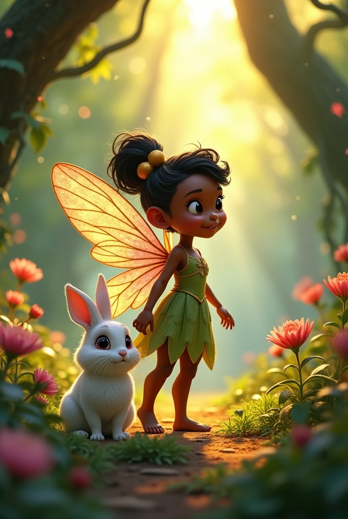 black fairy child with a white rabbit disney cartoon style
