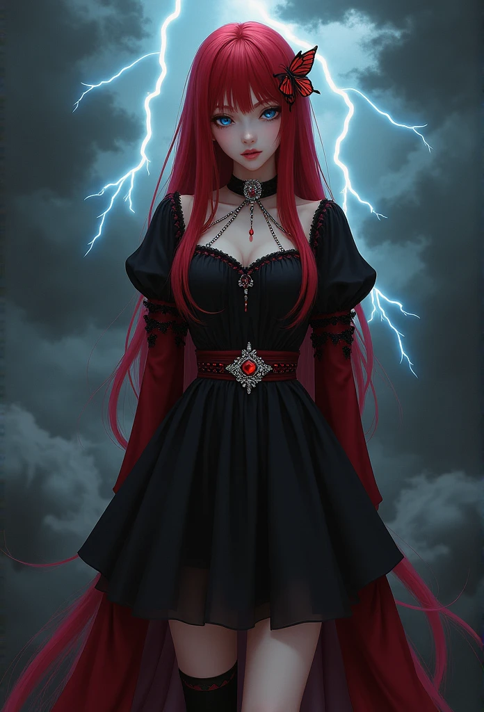 expressionless, realistic photo, real person, (dark fantasy), (Awesome concept art), (Detail Splash), long red hair, blue eyes, girl, pure black dress, Color only, The sleeve ends and skirt part are dark red.., A sparkling diamond belt around the waist, There is a red butterfly hairpin next to the ear., masterpiece, best quality, high quality, red and black crystal necklace, black knee socks, dark clouds, Lightning with a flash, thunderbolts,