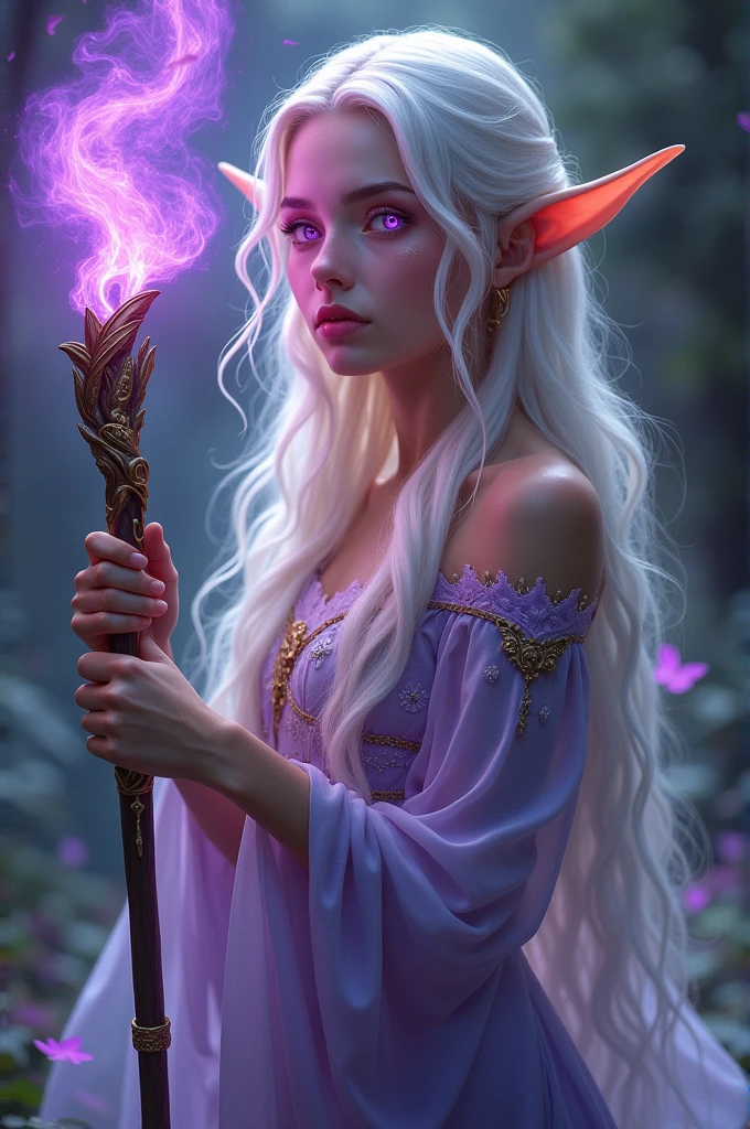 Purple and golden eyes elf Princess with a magic staff wand producing purple smoke and 
