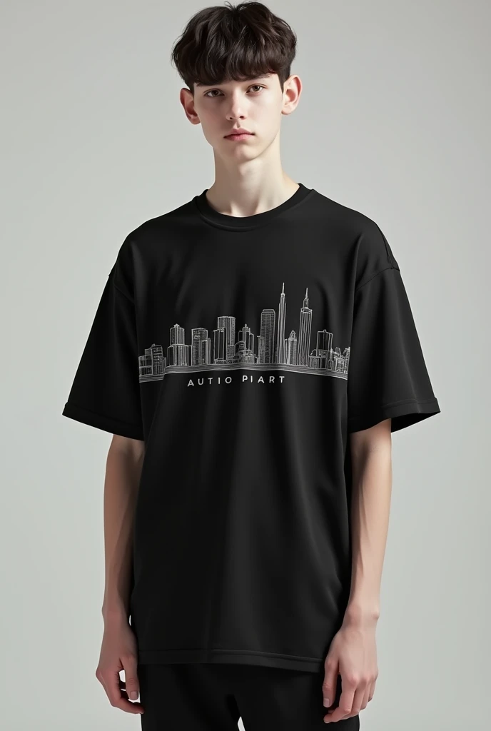 Fully facing the viewer is a fashion editorial style boy wearing an oversized black t-shirt featuring a sleek, minimalistic skyline with hidden luxury brand logos subtly placed within, inspired by Hugo Boss and Crime Life MX. High fashion, streetwear, 3D oversized t-shirt mockup.