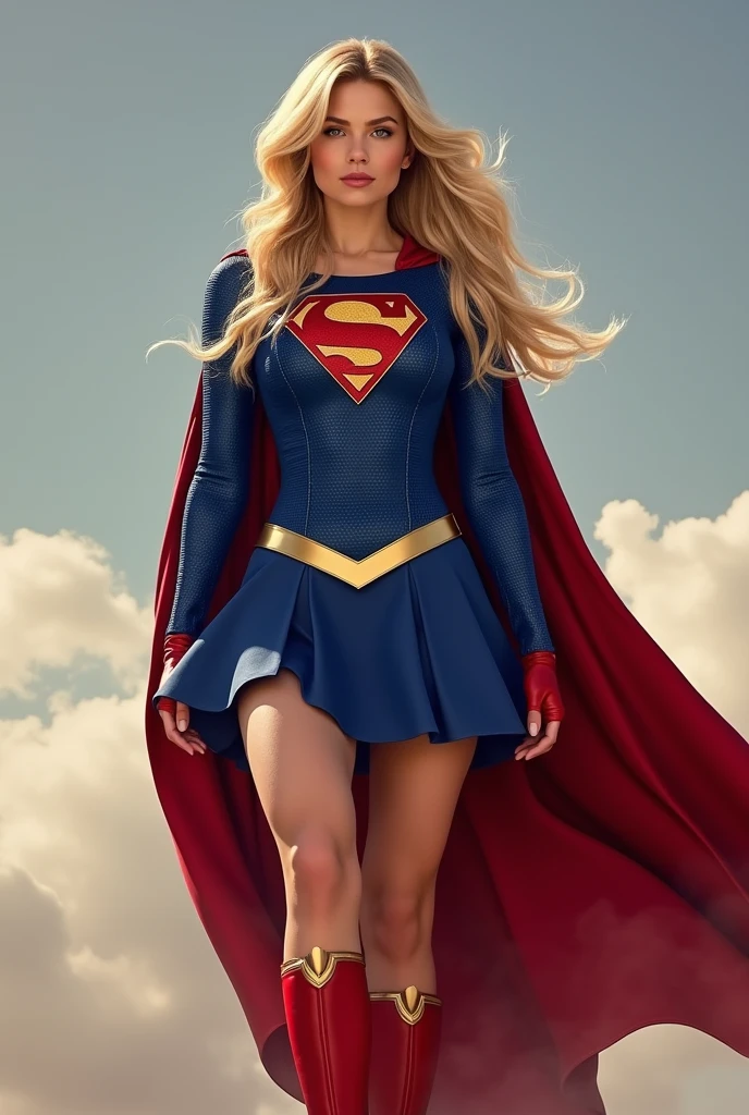 melissa benoist as supergirl, standing, full supergirl blue suit, wearing black tights, long blonde hair, no helmet, a pair of long red and gold coloured gloves, a pair of long red boot heels, long red coloured cape, blue formal skirt, open thighs, (insanely detailed, beautiful detailed face, masterpiece, best quality),