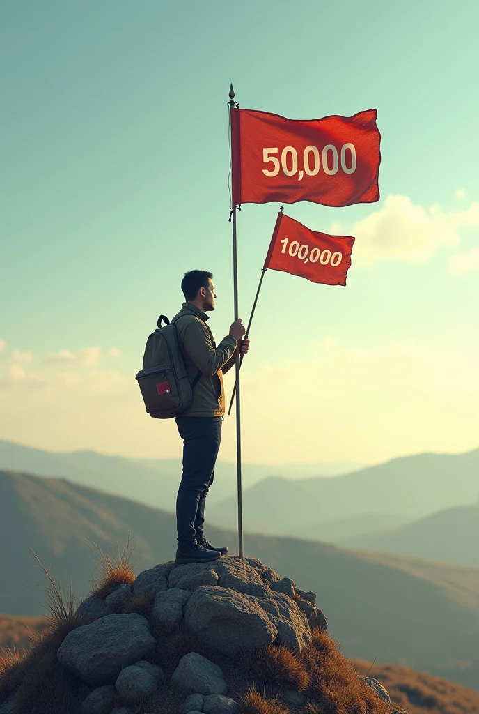 A man places a flag with the number 50,000 on the top, and in the bag there is a flag with the inscription 100000
