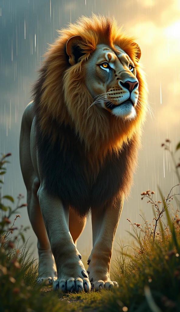 Generate ultra realistic 8k image of a strong and beautiful lion in the rain during sunny day