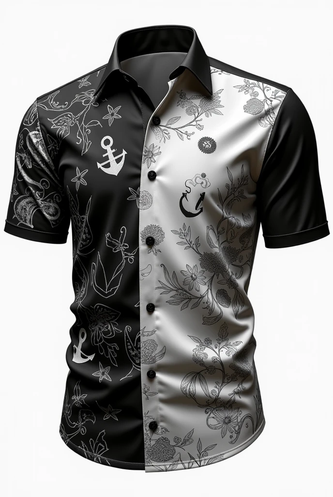 A black and white silk men's short sleeved Shirt with artistic patterns and a tiny anchor on the left side