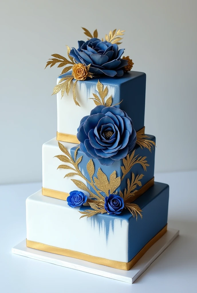 white rectangle cake designed with colour dark blue and gold