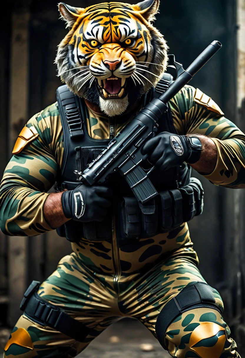 (a dark-skinned bearded fat muscular old man in a skintight army camouflage zipper diver suit) holding a gun, (wearing a small-sized realistic roaring tiger mask), dynamic action pose, fierce expression, showcasing an imposing stature, surrounded by military elements, dramatic shadows and intense highlights, cinematic color tones, high detail, powerful, art influenced by Bruce Onobrakpeya and Stanley Artgerm, ultra-detailed, best quality image, action-packed atmosphere. thumbs up pose