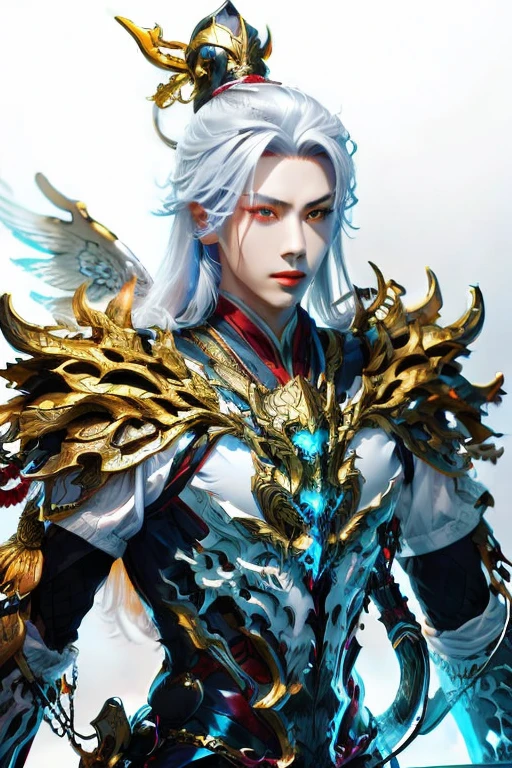  Handsome young xianxia protagonist,man,guy,long silver hair, use floating phoenix crown,Crimson red and golden amber eyes combination ,eyes focus detailed((no noice)),(((no noice))),and long silver hair with white undertone,(no noice)),use armour featuring like pattern on furr of white Tiger chinese with white dominant color,pauldron protective shape like dragon head,breastplate featuring like white Tiger,breastplate detailed white Tiger shape,shoulder protective dragon shape like white Tiger,sun and moon  background, white dominant color,white dominant color, white dominant color armour,with majestic silver line , ((no noice))And majestic golden  wings at back,wings at back,terrifying aura around,24K ultra hd,face and eyes detail,lips and face detail,masterpiece ,better quality,ultraa realistic face((no noice)),good face proportion,non noice face,reality face,eyes detailed,((perfect face)),perfect eyes ,perfect lips proportion((balance lips)),perfect face proportion,((balance proportion of face)),((balance and perfect left and right eyes proportion)),((masterpiece))