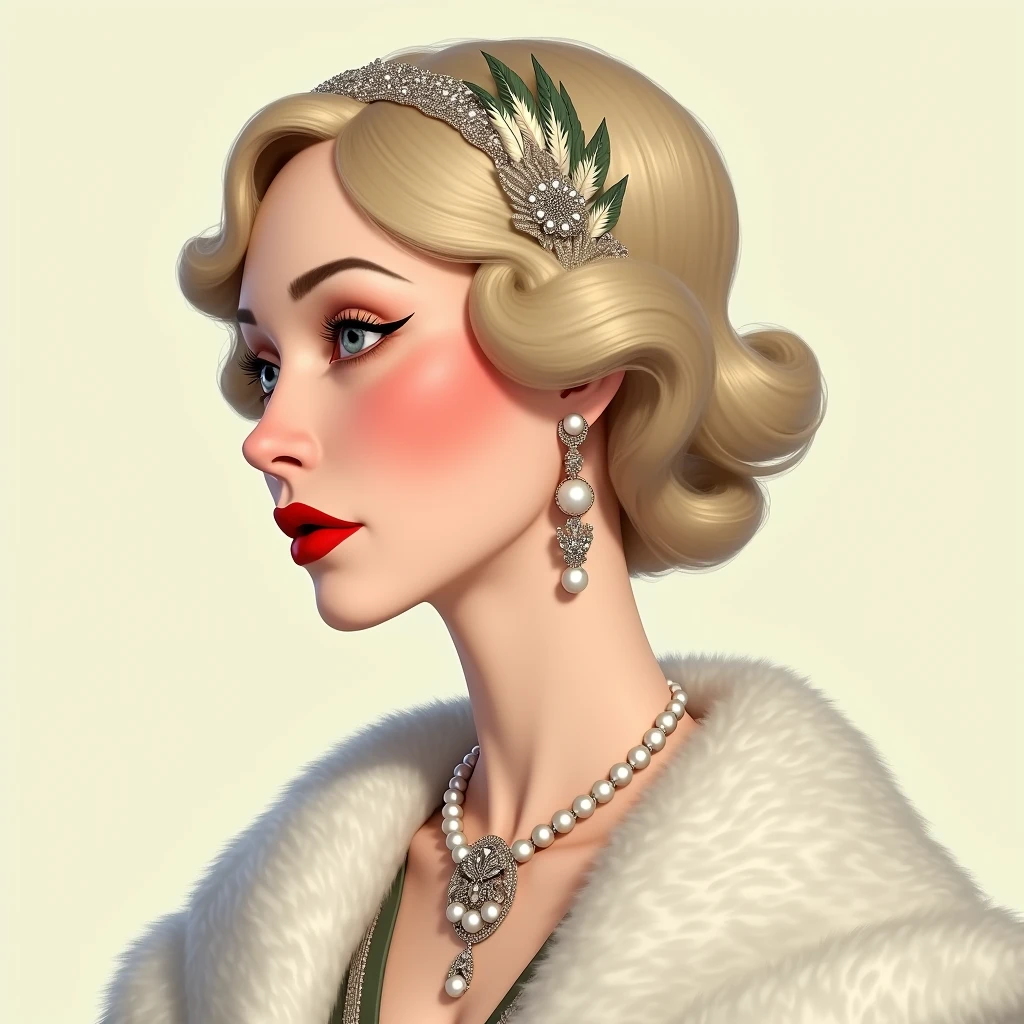 A stunning digital illustration of a 1920s-inspired glamorous woman exudes elegance and sophistication. The subject, with fair skin, blonde hair styled in soft waves, and striking facial features, dons a bold red lipstick and subtle eye makeup. She wears a beaded headband, a luxurious white fur stole, and adorns herself with a pearl necklace, matching earrings, and a decorative brooch featuring feathers and pearls. Meg B., the talented artist, captures the essence of vintage glamour in this meticulously detailed piece. The plain, light background highlights the subject's attire and accessories, making them the focal point of this conceptual art masterpiece., poster, painting, conceptual art, photo, illustration, 3d render