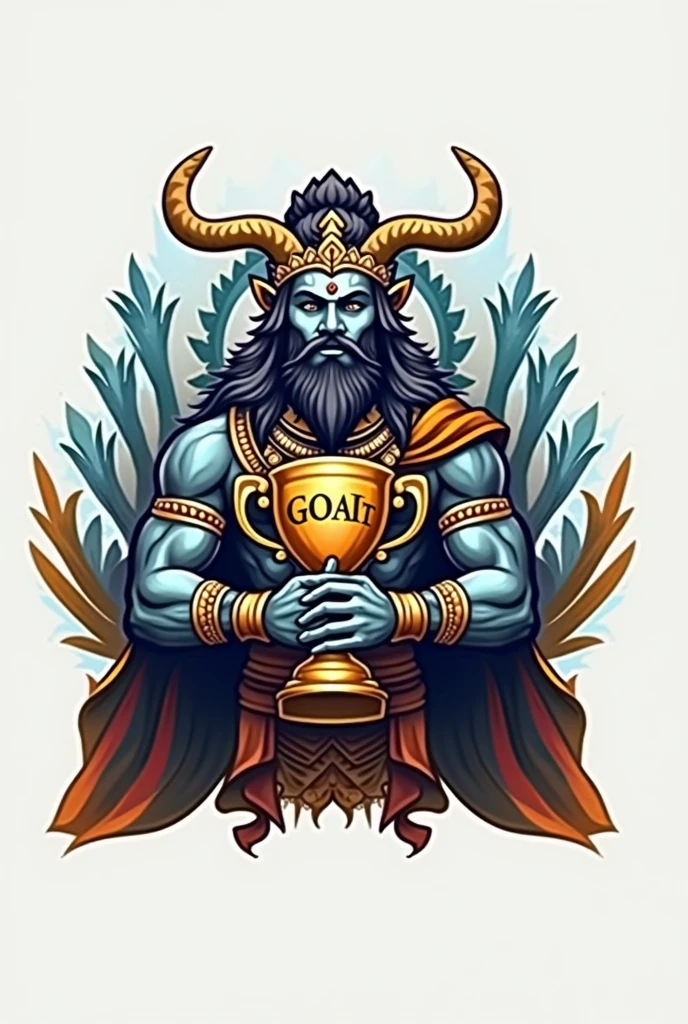 create a sports logo with the name "village" with an Indian God mascot holding a trophy written "goat" por dentro