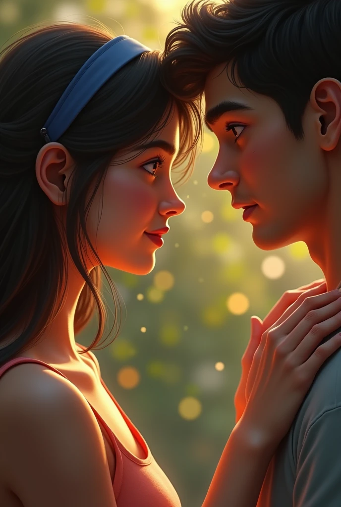 The girl, Rini, pauses thoughtfully, looking down for a moment with a soft smile forming on her lips. Her expression changes from surprise to realization and then happiness, as she looks back up at Rahul, ready to confess her feelings.