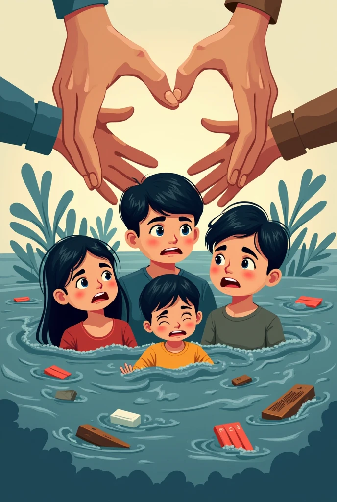 Create a logo that visually represents the hardship and suffering of flood victims, while emphasizing the role of a foundation providing crucial support. Incorporate imagery such as rising waters, distressed families, and hands offering help. Use muted, somber colors to reflect the gravity of the situation, contrasted with bright and uplifting colors for the foundation's assistance. The logo should convey a strong message of hope, unity, and compassion, with a clear focus on the foundation's mission to aid those in need."






and care