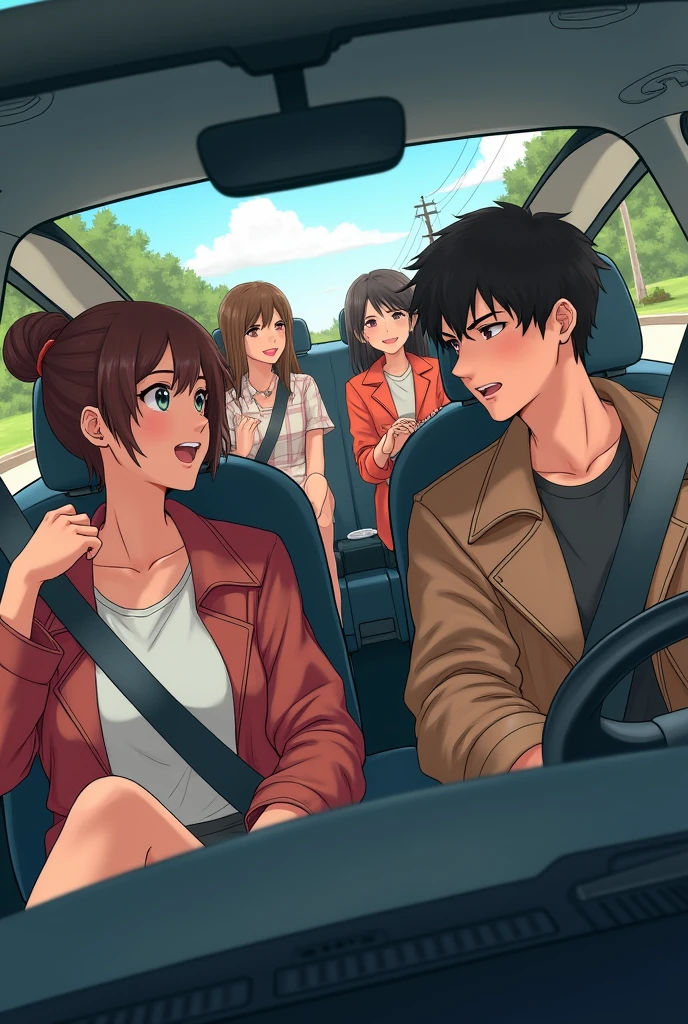 Five people in a car two of them are girls. Two handsome boys are infront and two girls and one boy is at back seat 

