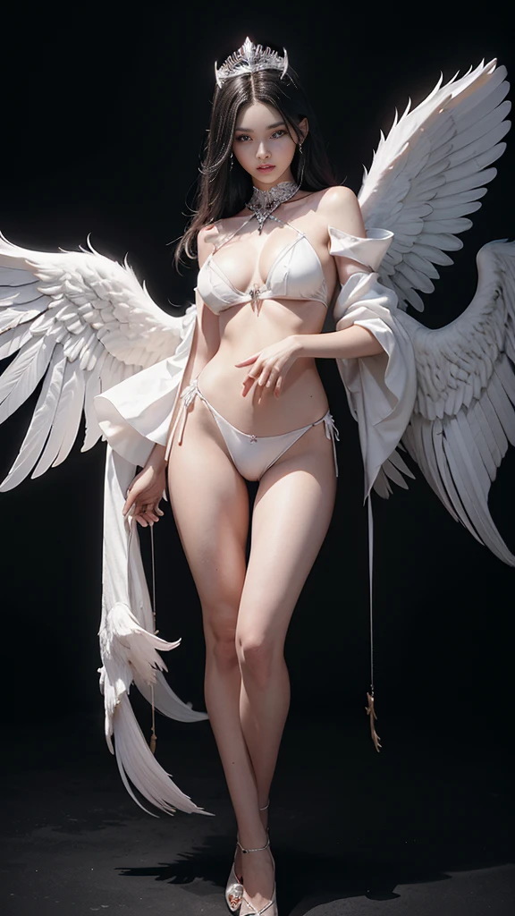 full body image, (Realistic picture, highest resolution, 16K), Big wings every year, (เทพอสูรที่มีLarge wingsและทรงพลังมหาศาล, Twelve wings on the shoulders., Three black bat wings:1.5 , 3 white angel wings:1.5), Has 100 wings on the shoulders, There are 1000 wings that flow., Twelve wings on the shoulders., black bat wings:1.3 white angel wings:1.5), 6 angel wings, 6 devil wings, (Beautiful girl with two meter long hair, Shiny black hair, Smooth white skin, Lips are very red.), ((stand, Walk)), (big breasts, big tits), (gigantic breast, breast augmentation, Breast 400 cc., small waist, hips raised, small thighs, Long legs), (dynamic poses), (Armor that slightly conceals the body), Separate theme, (Angel wings and devil wings), Floating from the air above the ground, Isolated sky background, Embraced with twelve wings, The horns that grow from the head are like a crown., He who has light, wears little armor, There is power coming out of the body., sparkling wings, white light black light, amazing wings, beautiful gesture, 8K resolution, beautiful gesture, Angel wings and devil wings, (Realistic picture, highest resolution), (Large wingsทรงพลัง, Wings are much larger than the model's body.), (RAW shooting:1.5, realistic:1.5, dark fantasy:1.5), (Highest quality, Masterpiece, Ultra high resolution), The Desolated Demon World, ((Perfect dynamic composition:1.7, Detailed tattoos all over the body:1.6, Wear exquisite jewelry:1.6)), Highly detailed skin and facial features:1.3, Details of the limbs, (A sexy succubus with big wings.:1.3, beautiful and beautiful:1.3), War between gods and demons, chaos, darkness, fight, (Tight black leather outfit:1.3), big breastsที่กำลังจะระเบิด, Don't show your nipples, ช่องว่างbig breasts, Large breasts close together, (The expression on your face when you feel a strong touch., Facial expressions when feeling pleasure, A look sunk in joy), beautiful blue eyes, Eyes that give a feeling of elegance and beauty, sexy face, Blush, (Too erotic and cute:0.9, Fascinating:0.9), (Large wings), Palm spread across chest,Light energy ball, Magic between the palms, Casting Spells