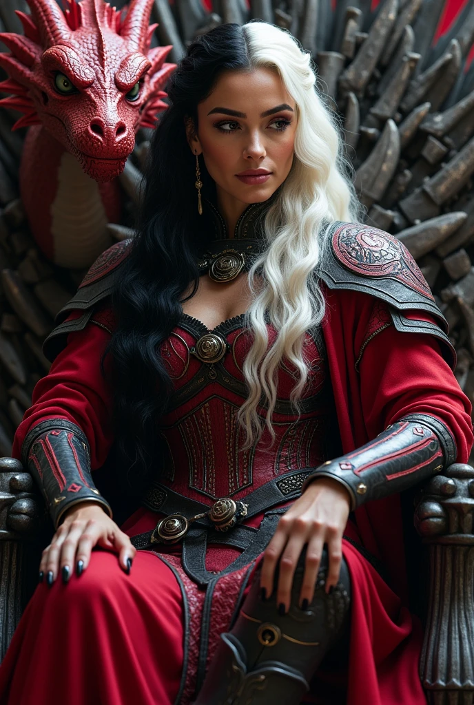 a woman with black hair and white streaks, a defined middle-aged face, red and black armor and a crown, a red dragon sitting on the iron throne