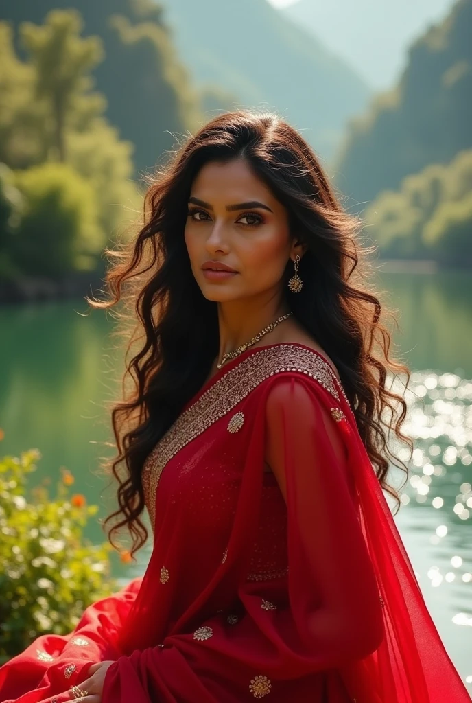 beautiful Mouni roy
wearing Indian full red saree long curly hair, soft lighting close to the water Lake green valley