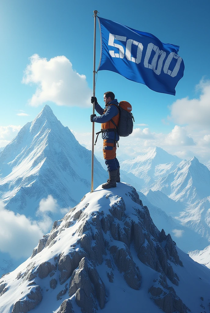 A man places a blue flag with the number 50,000 on the summit., and in the bag there is a flag with the inscription 100000