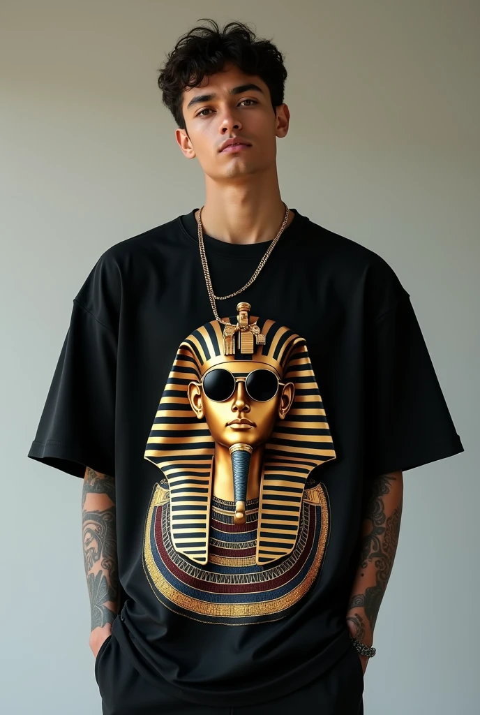 ully facing the viewer is a fashion editorial style boy, he is wearing an oversized black t-shirt, the t-shirt has incorporated graphics. The image of an Egyptian pharaoh reinterpreted with modern sunglasses, gold chains and urban tattoos.. High fashion , fashion, style, editorial, magazine style, professional, highly detailed, 3d oversized t-shirt mockup, black color, streetwear style men by Virgil Abloh, NoirÉclat brand