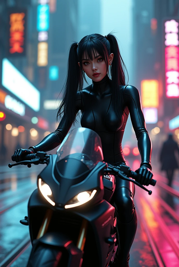 ultra realistic, photographym (masterpiece), (best quality), extremely delicate and beautiful, long black straight hair, elegant hair, (30 years old, hazel eyes, hourglass figure, perfect fit body, natural big breasts), ((perfect female figure)), rider girl, bodysuit, twintails, cyberpunk city background, helmet, riding a futuristic motorbike, european woman, she is driving fast in tight traffic, action shot, cinematic shot