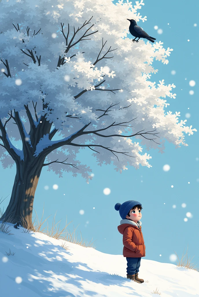 A boy stands under a hemlock tree covered in snow and a crow which is rest on the tree moves and drops snow on the boy's head in anime style
