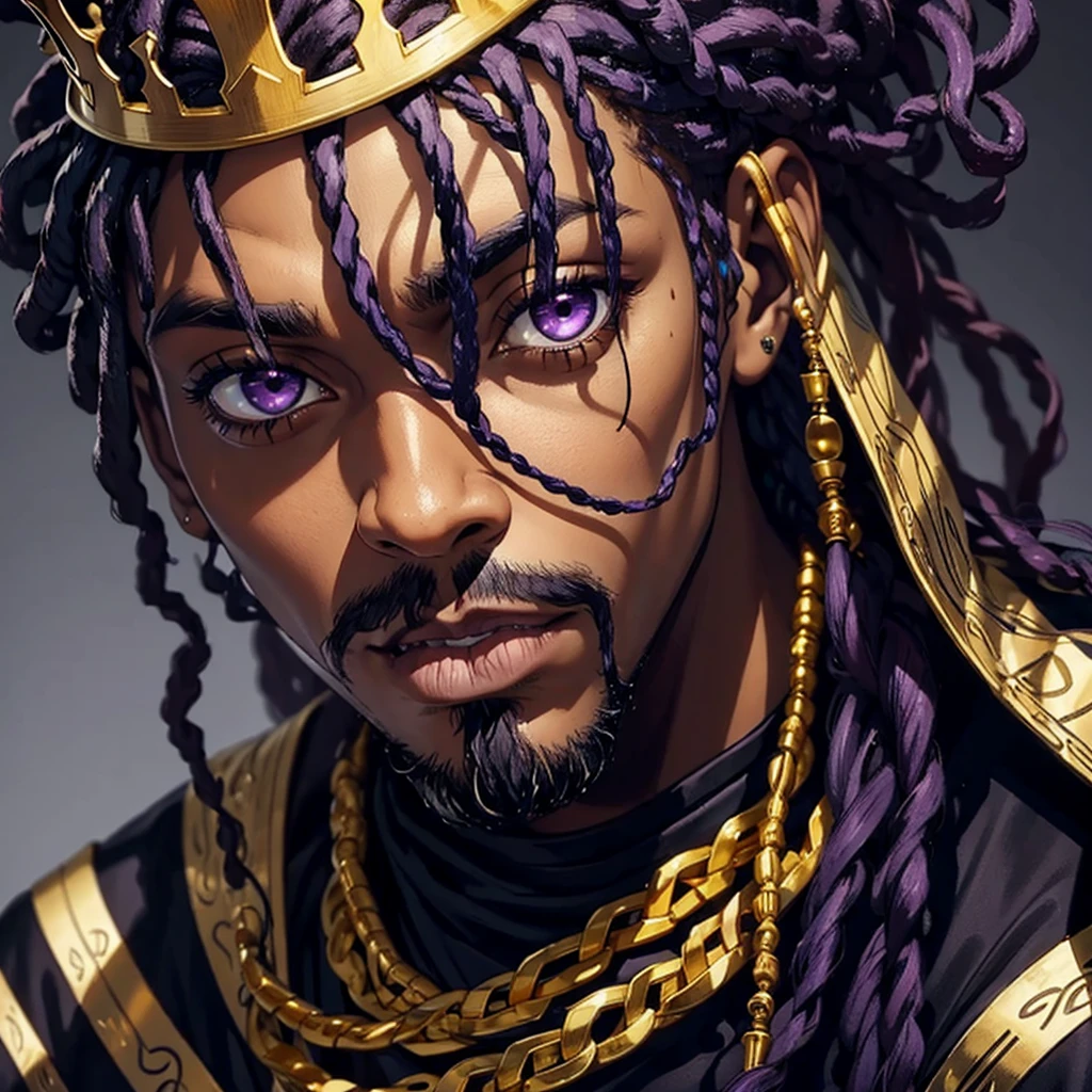 Man exhaling cigarette smokefrom mouth,dark African, crown, villian, dark, powerful, deep purple eyes, dreadlocks, gold silk woven in hair, indifferent stance