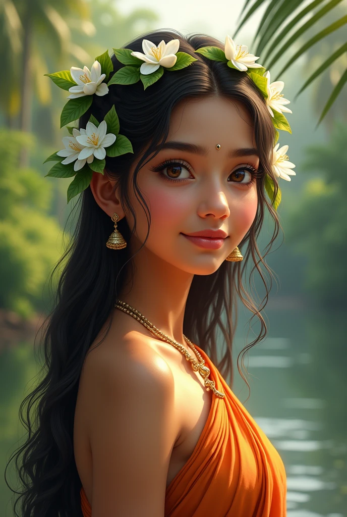 A girl with her hair jasmine flowers in kerala