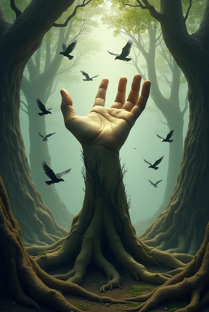 Hand palm haing birds roots branch of trees