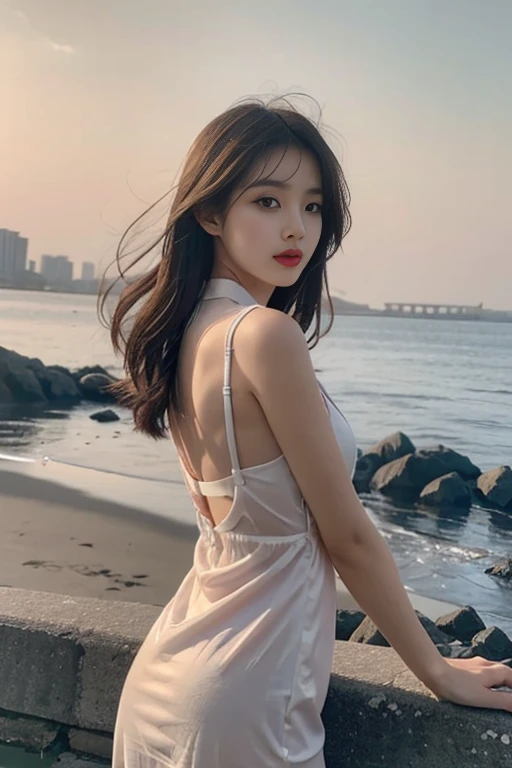1 Girl,seaside,Soft Light,Chinese Beauty,Suspender dress