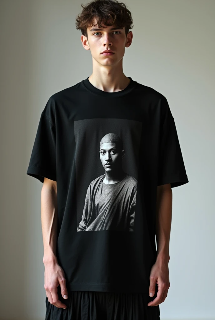 Fully facing the viewer is a fashion editorial style boy wearing an oversized black t-shirt with a monochrome, glitch-art rendition of a classic renaissance painting, blending Crime Life MX’s raw energy with the finesse of Hugo Boss. High fashion, streetwear, 3D oversized t-shirt mockup.