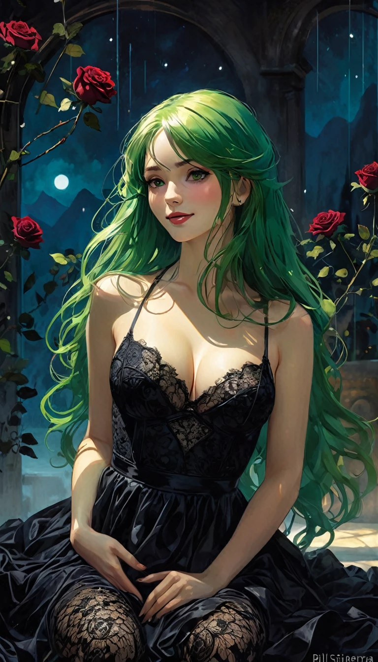 1 sexy girl, long green hair, black roses, short black dress, cleavage, medium breasts, lace dress, holds her breasts with her hands, shows her breasts, smile, black rose garden, full body, sitting, mountains in the distance, light particles, (depth of field, cinematic angle, cinematic lighting: 1.2), blurred background, blurred foreground, (masterpiece: 1.2), (best quality: 1.2), (very aesthetic: 1.2), ( absurd: 1.2), (detailed background), newest and most intricate details (best quality, 4k, 8k, high resolution, masterpiece: 1.2), ultra detailed, (realistic, photorealistic, photorealistic: 1.37), intricate details, vivid colors , beautiful detailed eyes, beautiful detailed lips, sharp focus, Dave McKean's artwork, dreamy atmosphere, play of shadows, shadow play, soft lighting, surreal oil touch, soft lighting, soft lighting, tones, woman Dark ethereal background, fantasy elements, texture, layered composition.{{ {,nsfw, speech bubble, sexy nude, art inspired by Bill Sienkiewicz and Dave McKean
